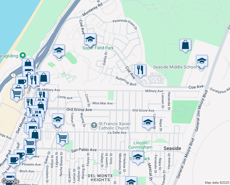 map of restaurants, bars, coffee shops, grocery stores, and more near 2095 Highland Street in Seaside