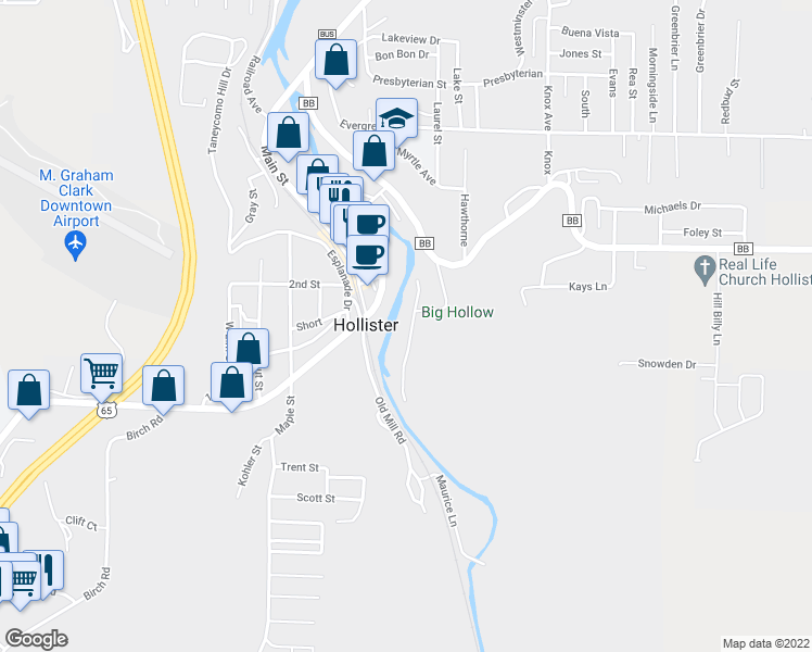 map of restaurants, bars, coffee shops, grocery stores, and more near 296 Hidden Valley Road in Hollister