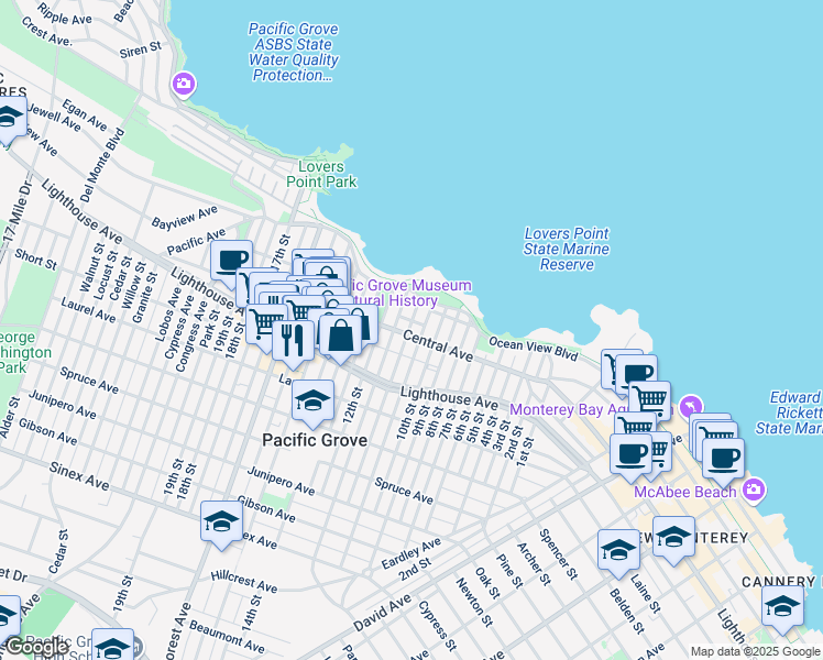 map of restaurants, bars, coffee shops, grocery stores, and more near 410 Central Avenue in Pacific Grove