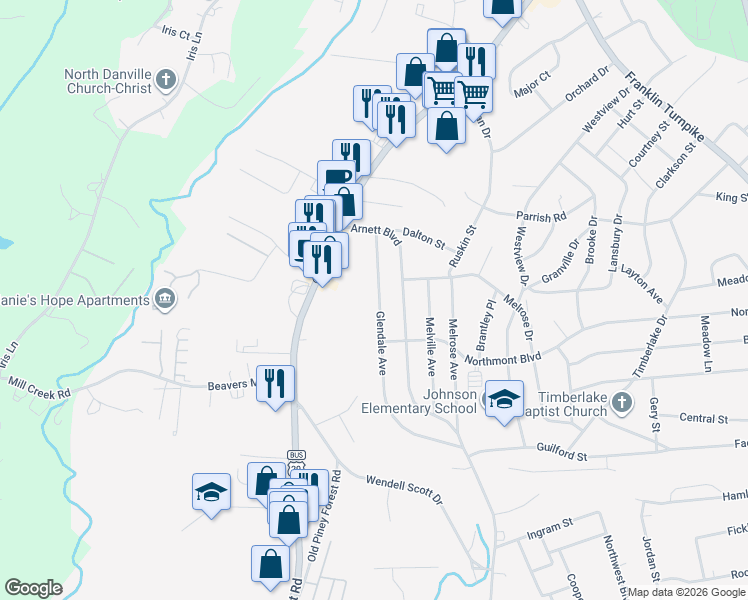 map of restaurants, bars, coffee shops, grocery stores, and more near 821 Glendale Avenue in Danville