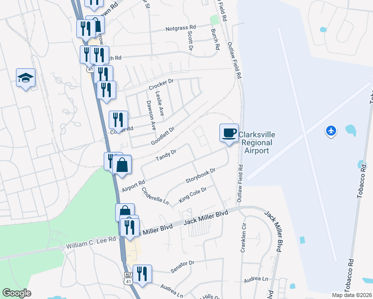 map of restaurants, bars, coffee shops, grocery stores, and more near 124 Tandy Drive in Clarksville