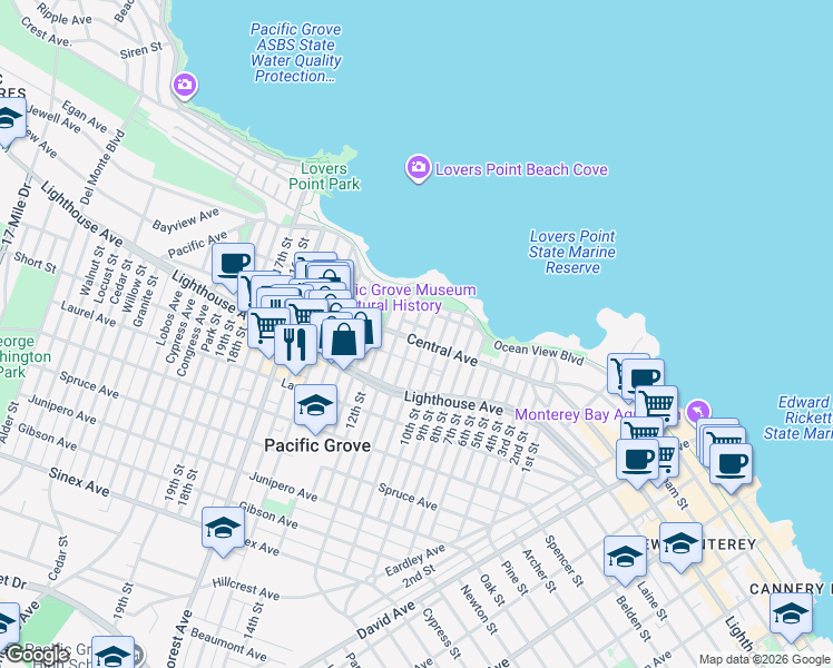 map of restaurants, bars, coffee shops, grocery stores, and more near 410 Central Avenue in Pacific Grove