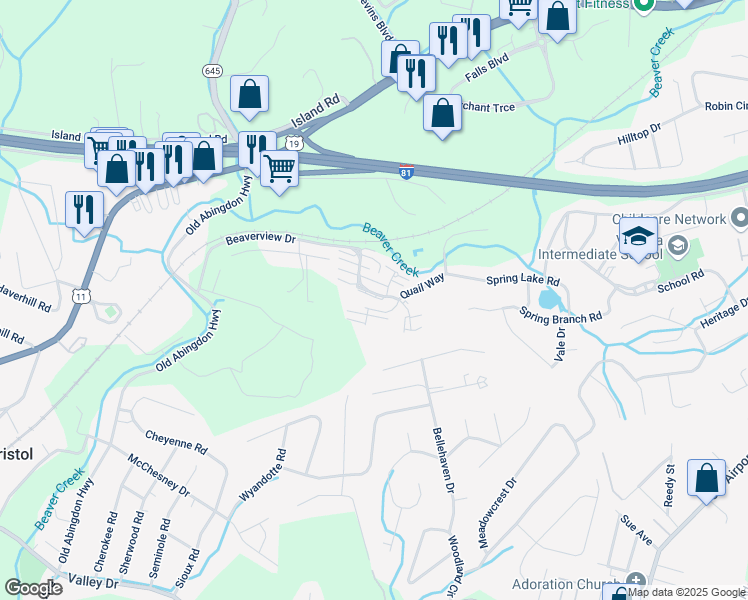 map of restaurants, bars, coffee shops, grocery stores, and more near 353 Beaverview Drive in Bristol