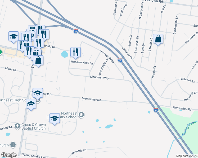 map of restaurants, bars, coffee shops, grocery stores, and more near 970 Glenhurst Way in Clarksville