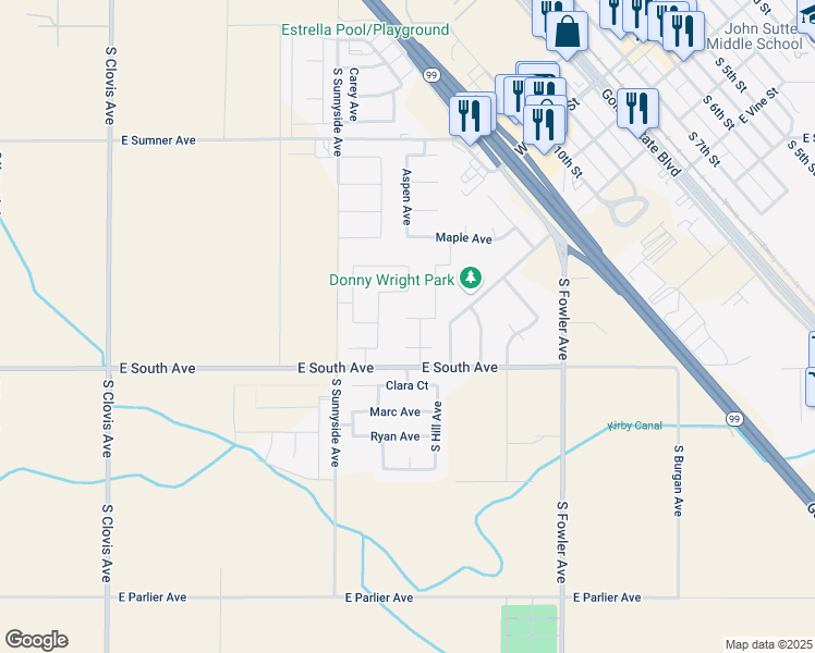 map of restaurants, bars, coffee shops, grocery stores, and more near 1095 Lucia Avenue in Fowler