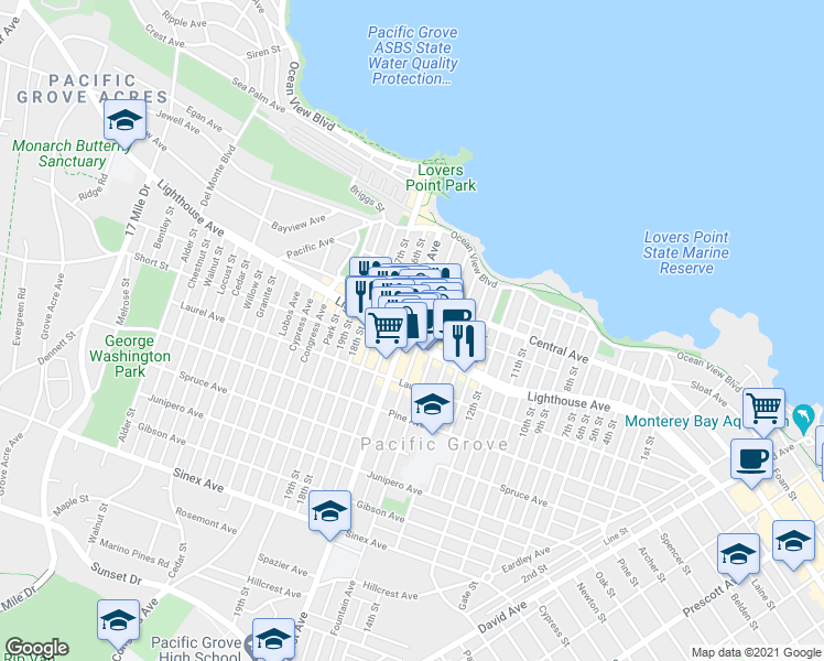 map of restaurants, bars, coffee shops, grocery stores, and more near 542 Lighthouse Avenue in Pacific Grove