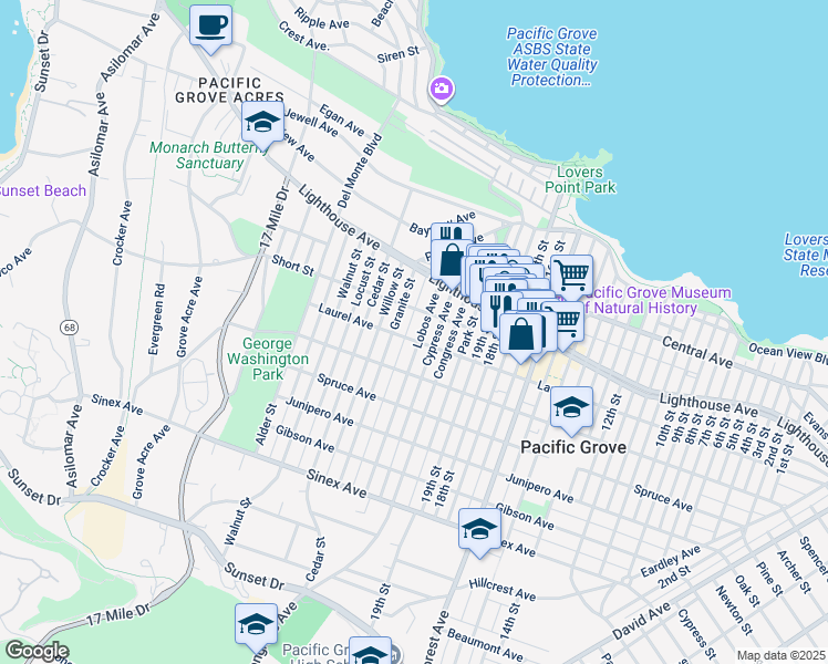 map of restaurants, bars, coffee shops, grocery stores, and more near 305 Wood Street in Pacific Grove