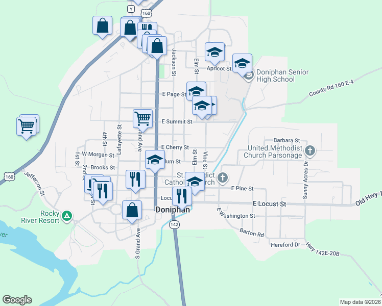 map of restaurants, bars, coffee shops, grocery stores, and more near 505 Elm Street in Doniphan