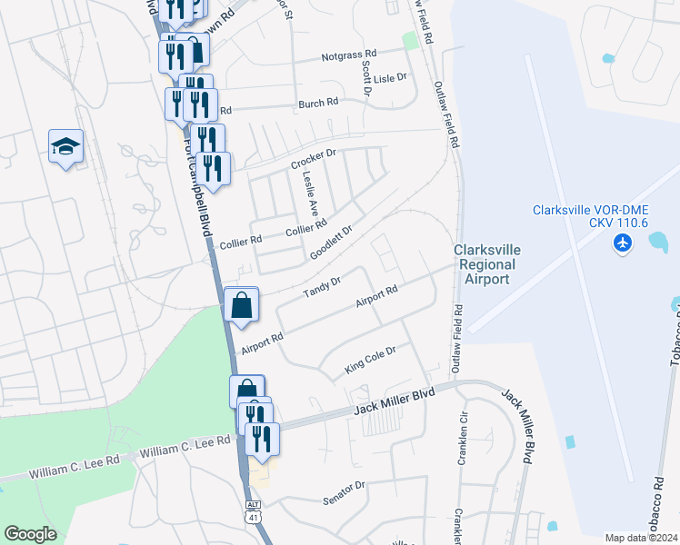 map of restaurants, bars, coffee shops, grocery stores, and more near 121A Tandy Drive in Clarksville