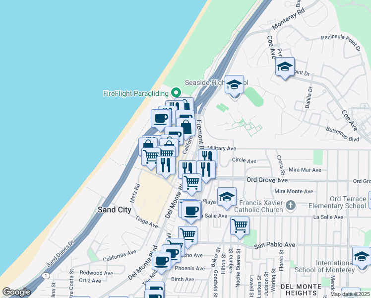 map of restaurants, bars, coffee shops, grocery stores, and more near 2040 California Avenue in Sand City