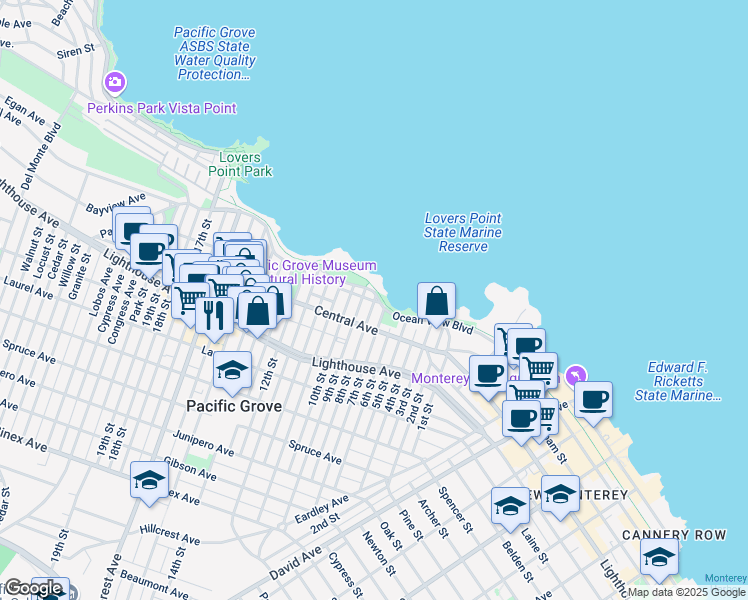 map of restaurants, bars, coffee shops, grocery stores, and more near 117 9th Street in Pacific Grove