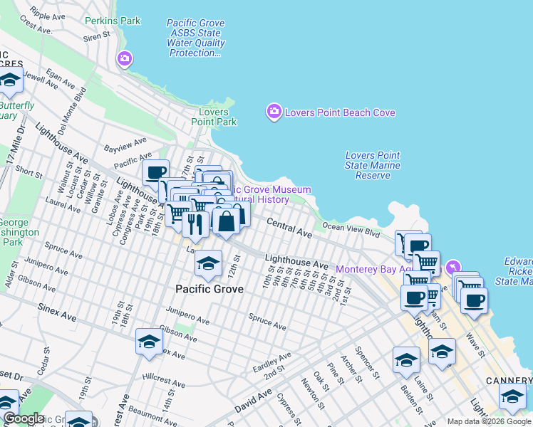 map of restaurants, bars, coffee shops, grocery stores, and more near 402 Central Avenue in Pacific Grove