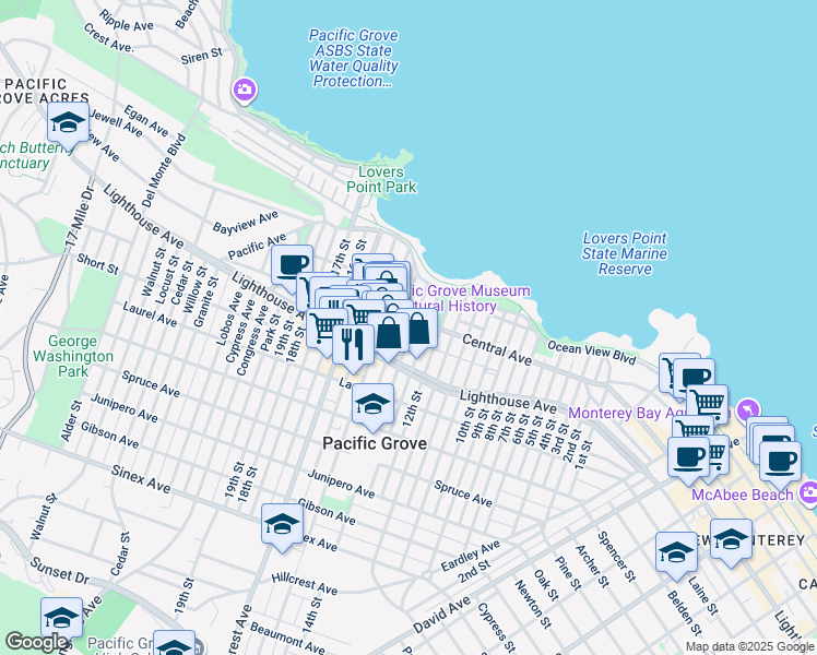 map of restaurants, bars, coffee shops, grocery stores, and more near 148 14th Street in Pacific Grove