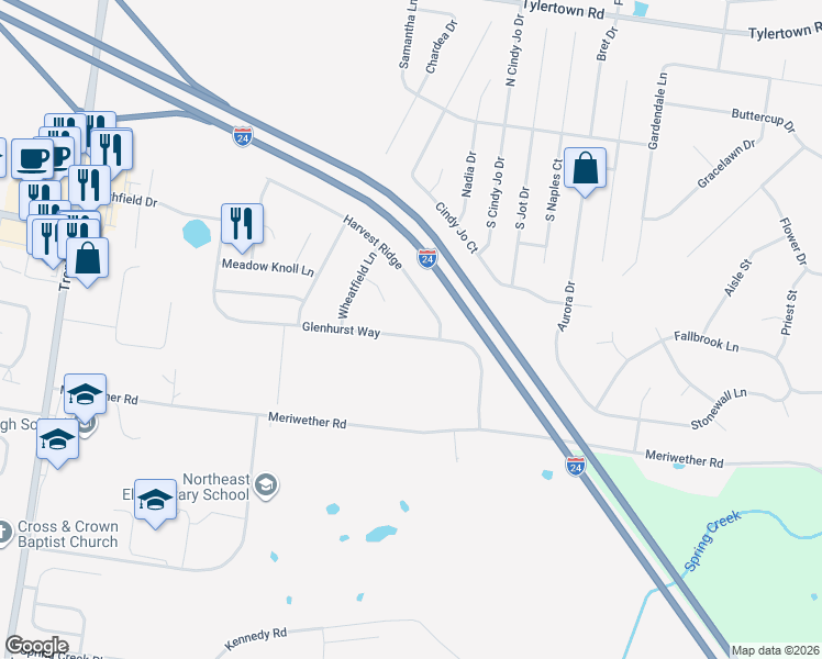 map of restaurants, bars, coffee shops, grocery stores, and more near 941 Glenhurst Way in Clarksville