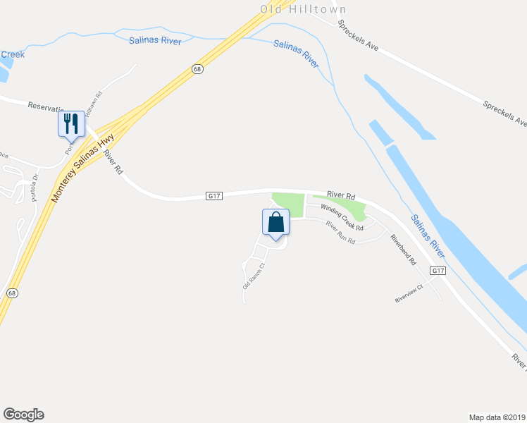 map of restaurants, bars, coffee shops, grocery stores, and more near 21012 Country Park Road in Salinas