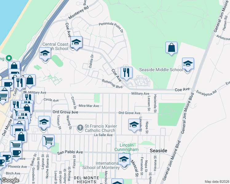 map of restaurants, bars, coffee shops, grocery stores, and more near 1665 Military Avenue in Seaside