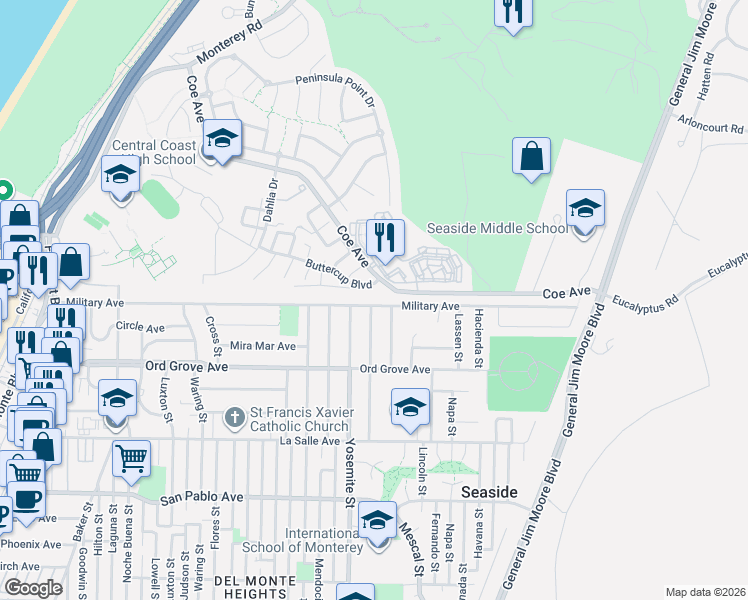 map of restaurants, bars, coffee shops, grocery stores, and more near 1701 Military Avenue in Seaside