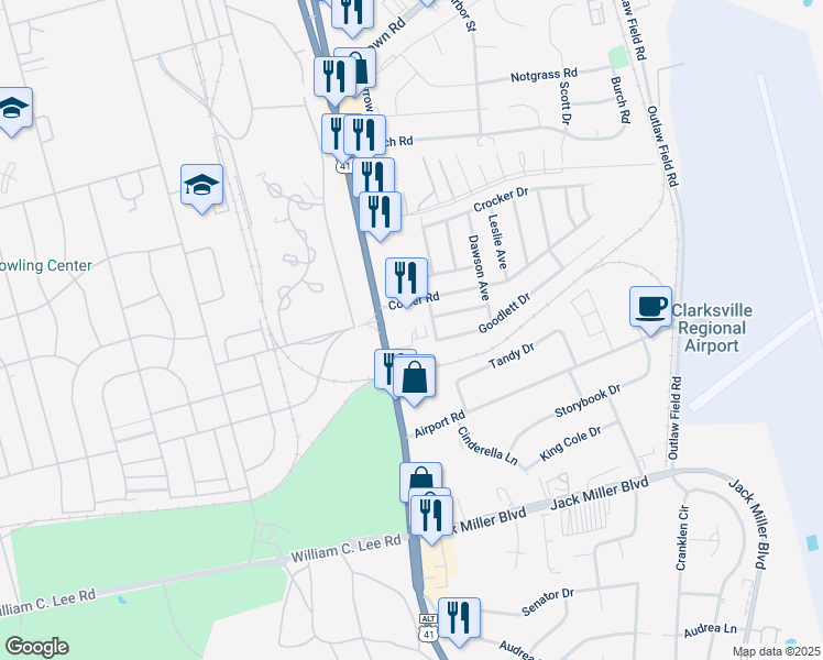 map of restaurants, bars, coffee shops, grocery stores, and more near 125 Goodlett Drive in Clarksville
