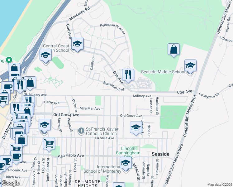 map of restaurants, bars, coffee shops, grocery stores, and more near 1665 Military Avenue in Seaside