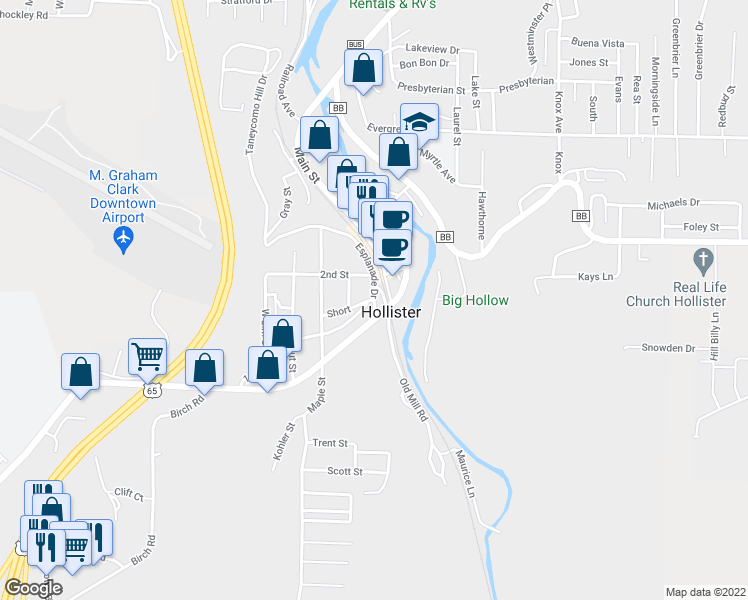 map of restaurants, bars, coffee shops, grocery stores, and more near 35 Esplanade Drive in Hollister