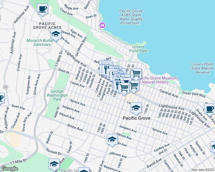 map of restaurants, bars, coffee shops, grocery stores, and more near 234 Congress Avenue in Pacific Grove
