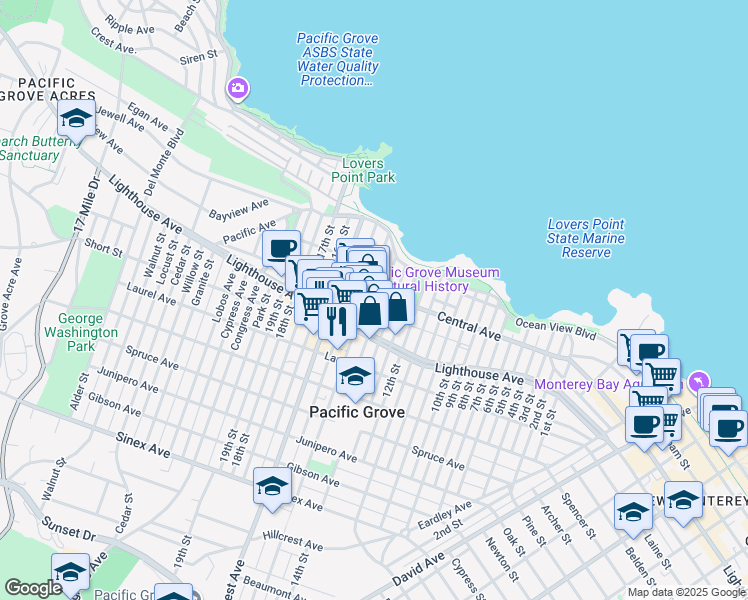 map of restaurants, bars, coffee shops, grocery stores, and more near 148 14th Street in Pacific Grove