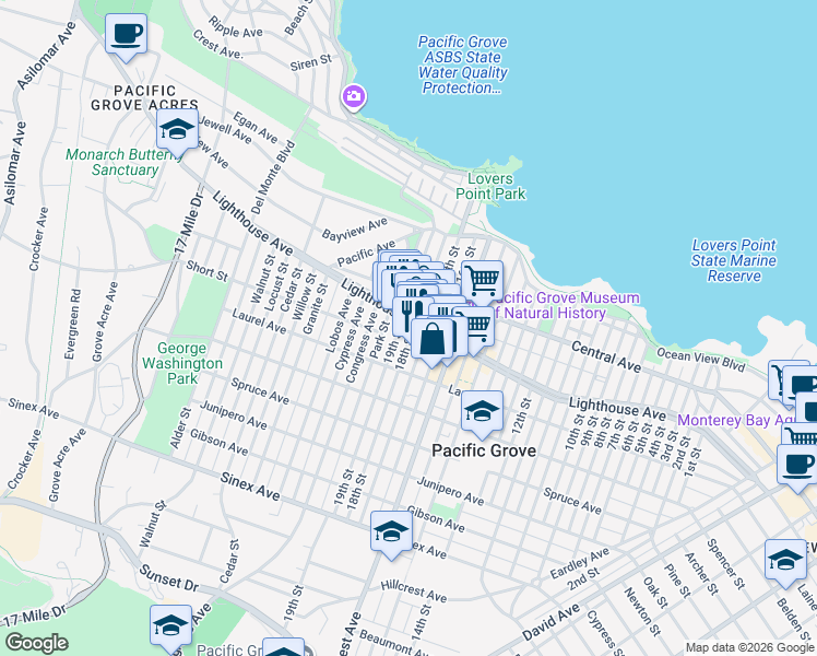 map of restaurants, bars, coffee shops, grocery stores, and more near 643 Lighthouse Avenue in Pacific Grove
