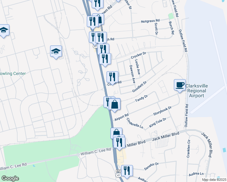 map of restaurants, bars, coffee shops, grocery stores, and more near 125 Goodlett Drive in Clarksville