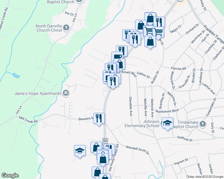 map of restaurants, bars, coffee shops, grocery stores, and more near 963 Piney Forest Road in Danville