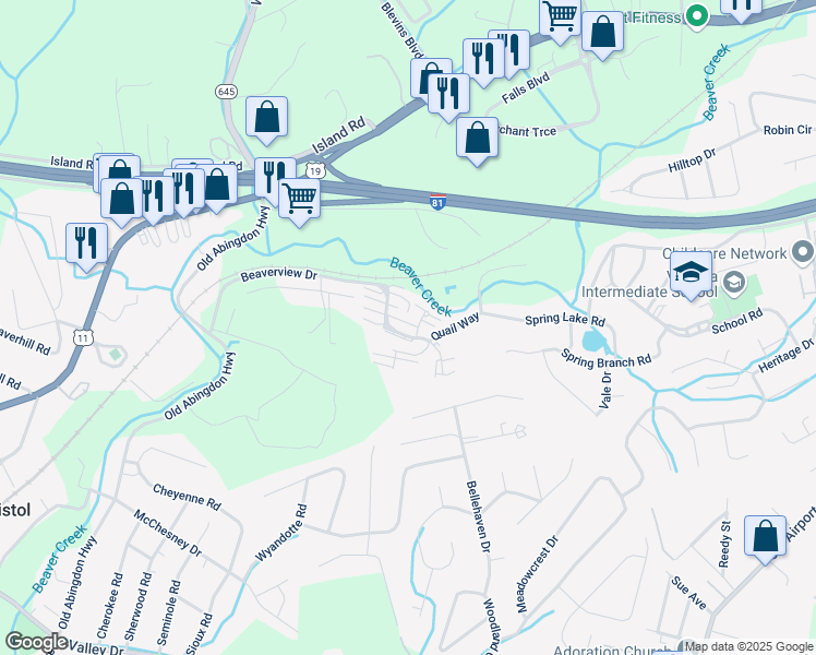 map of restaurants, bars, coffee shops, grocery stores, and more near 353 Beaverview Drive in Bristol