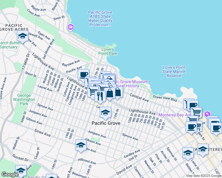 map of restaurants, bars, coffee shops, grocery stores, and more near 148 14th Street in Pacific Grove
