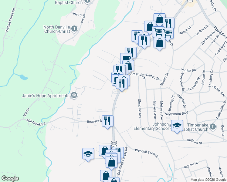 map of restaurants, bars, coffee shops, grocery stores, and more near 963-987 Piney Forest Rd in Danville