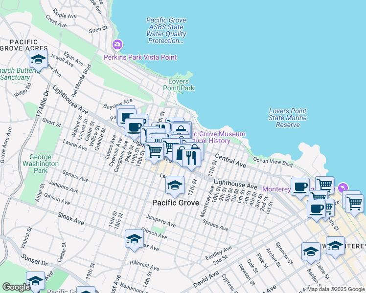 map of restaurants, bars, coffee shops, grocery stores, and more near 529 Central Avenue in Pacific Grove