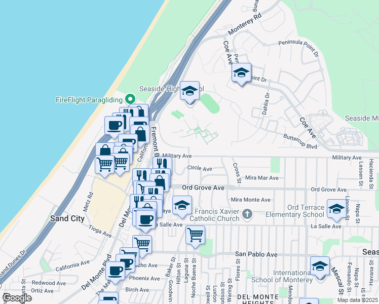 map of restaurants, bars, coffee shops, grocery stores, and more near 2200 Noche Buena Street in Seaside