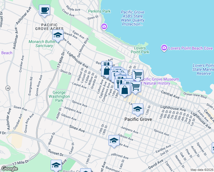 map of restaurants, bars, coffee shops, grocery stores, and more near 218 Congress Avenue in Pacific Grove
