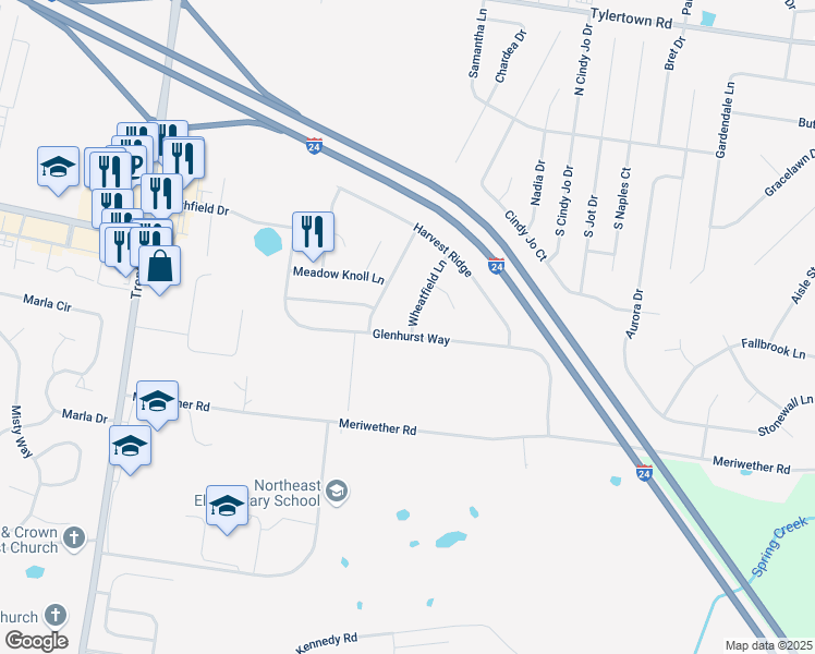 map of restaurants, bars, coffee shops, grocery stores, and more near 3700 Wheatfield Lane in Clarksville