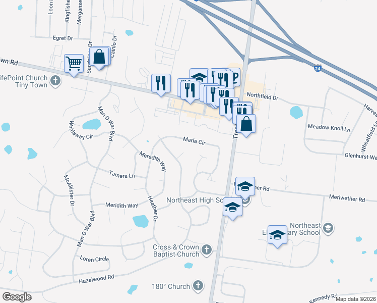 map of restaurants, bars, coffee shops, grocery stores, and more near 1406 Mickey Court in Clarksville