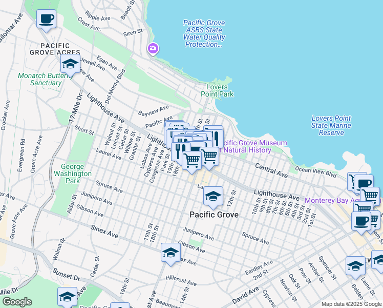 map of restaurants, bars, coffee shops, grocery stores, and more near 150 17th Street in Pacific Grove