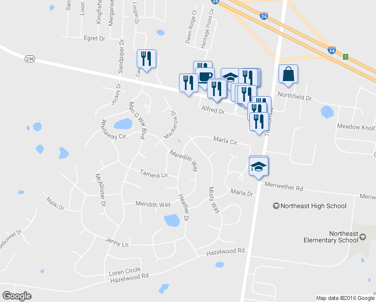 map of restaurants, bars, coffee shops, grocery stores, and more near 3874 Marla Circle in Clarksville