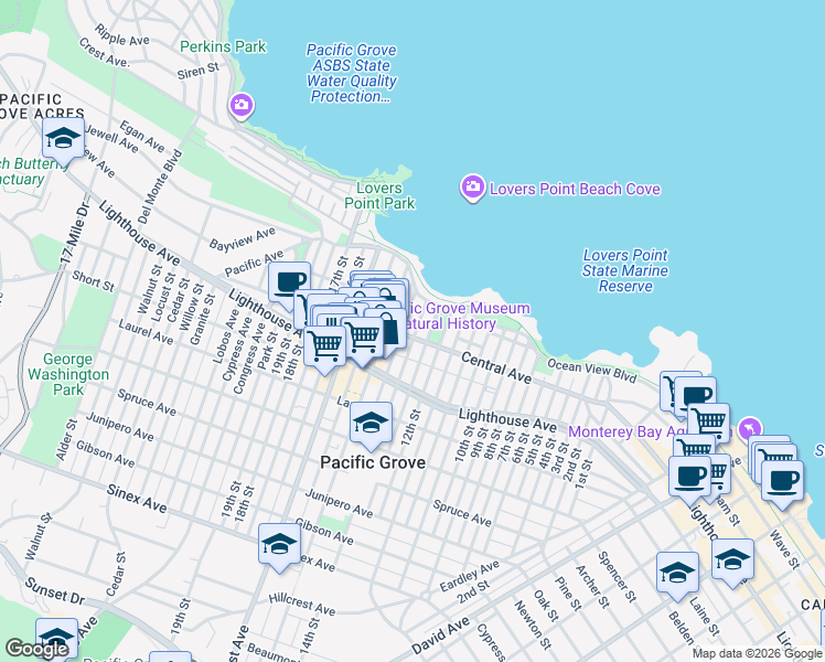 map of restaurants, bars, coffee shops, grocery stores, and more near 129 Fountain Avenue in Pacific Grove