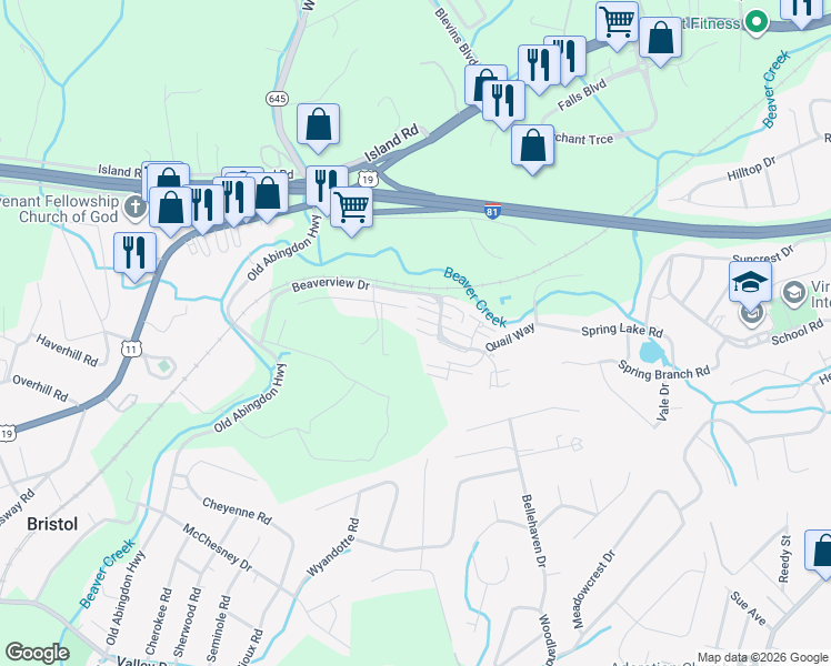 map of restaurants, bars, coffee shops, grocery stores, and more near 295 Beaverview Drive in Bristol