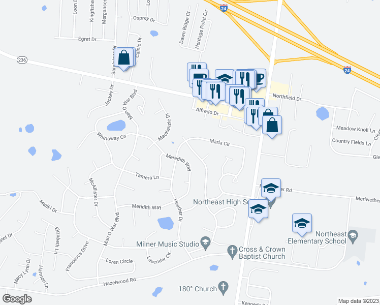 map of restaurants, bars, coffee shops, grocery stores, and more near 3771 Misty Way in Clarksville