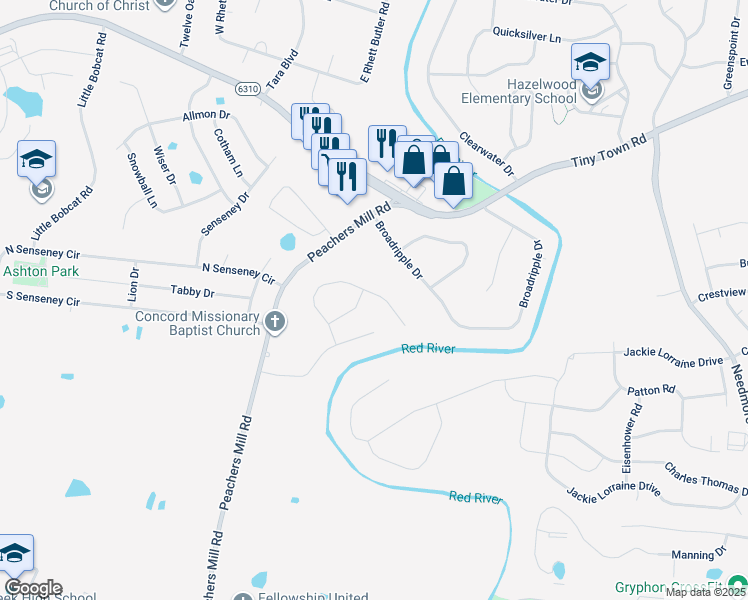 map of restaurants, bars, coffee shops, grocery stores, and more near 1735 Ridge Runner Court in Clarksville