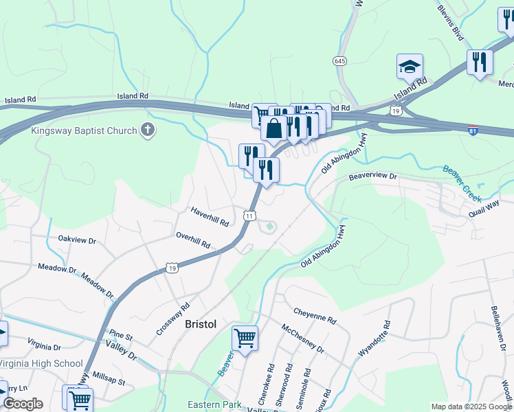 map of restaurants, bars, coffee shops, grocery stores, and more near 1897 Lee Hwy in Bristol