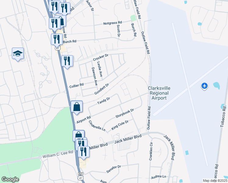 map of restaurants, bars, coffee shops, grocery stores, and more near 125 Tandy Drive in Clarksville