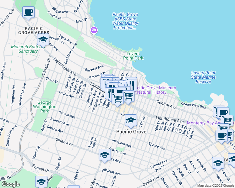 map of restaurants, bars, coffee shops, grocery stores, and more near 150 17th Street in Pacific Grove