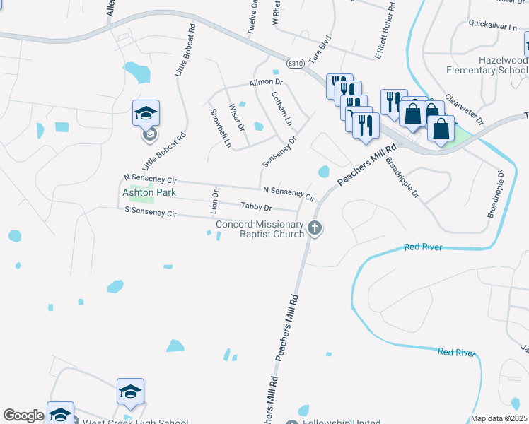 map of restaurants, bars, coffee shops, grocery stores, and more near 3216 North Senseney Circle in Clarksville