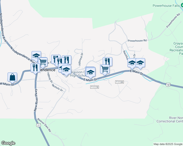 map of restaurants, bars, coffee shops, grocery stores, and more near 209 Grayson Avenue in Independence