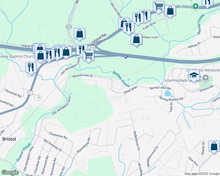 map of restaurants, bars, coffee shops, grocery stores, and more near 257 Beaverview Drive in Bristol