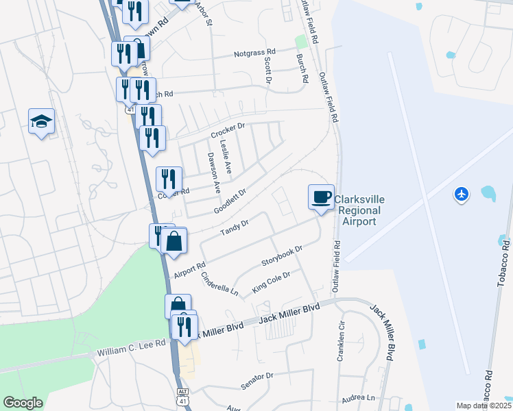 map of restaurants, bars, coffee shops, grocery stores, and more near 127 Tandy Drive in Clarksville